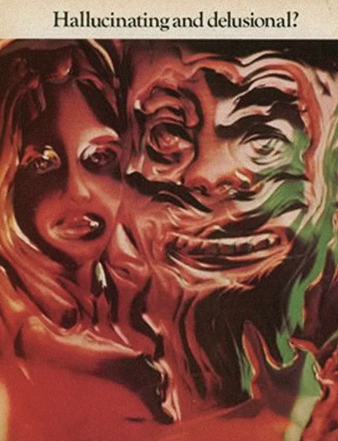Vintage antipsychotic journal advertisement headed “Hallucinating and delusional?” above a painting of two distorted faces