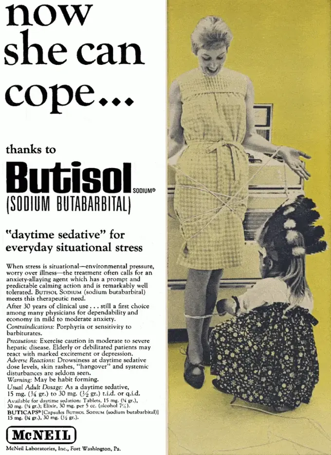 1960s Butisol Sodium advertisement headed “now she can cope” showing a woman being tied with string by her small daughter