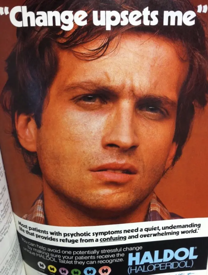 Haldol advertisement headed “Change upsets me” showing an anxious young man