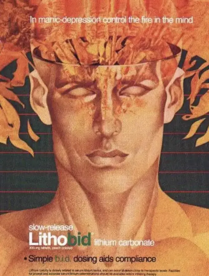 Lithobid advertisement headed “In manic-depression control the fire in the mind” showing a head opened at the crown with flames