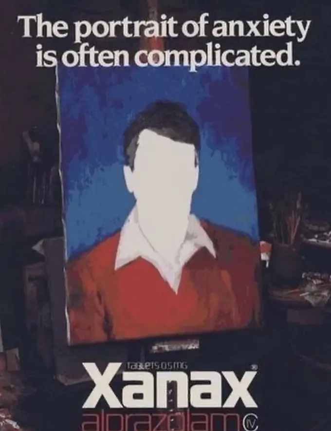 Xanax advertisement headed “The portrait of anxiety is often complicated” showing a painted portrait with a blank face